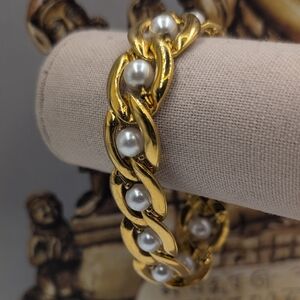 Napier Vintage Gold and Creamy White Faux Pearl Bracelet with Elegant Chain Link